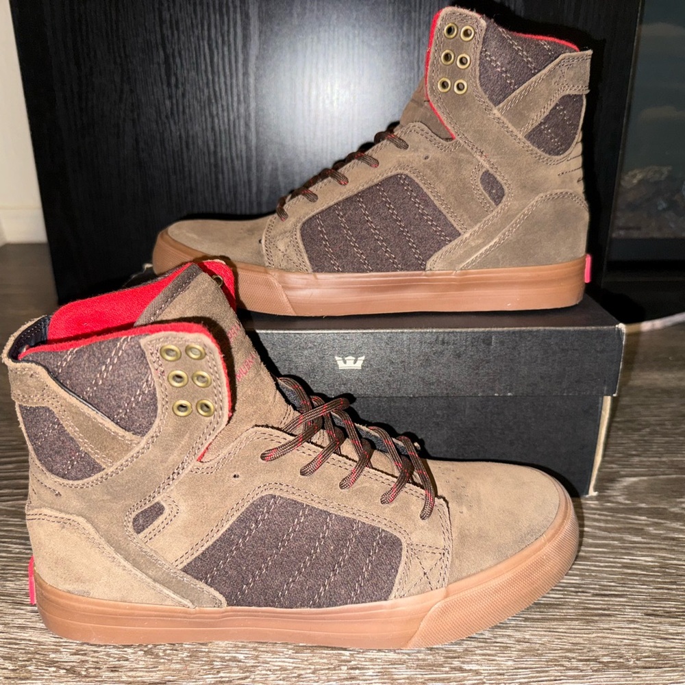 Supra Brown and Red High-Top Sneakers